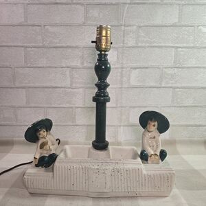 Vintage MCM Leviton Table Lamp Green White Porcelain Asian 2 Figures with Hats